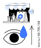 Medical items on a counter under a storefront awning alongside a shopping bag and a 247 sign. Bottom section features an eye with a drop and upward arrow. Ideal for healthcare, e-commerce, pharmacy. Online Pharmacy Services with 247 Availability and Eye Care Products. Стоковая иллюстрация, агентство Ingram Publishing / Фотобанк Лори