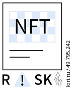 NFT text against a light blue checkered background, lines underneath, RISK text with exclamation mark in triangle and rising arrows. Ideal for finance, crypto, investment, warnings, education. NFT Risk Awareness with Checkered Background, Text, and Alert Symbols Highlighting Investment Volatility. Стоковая иллюстрация, агентство Ingram Publishing / Фотобанк Лори