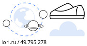 Planet with rings and orbits, accompanied by a sneaker and a cloud. Ideal for education, technology, innovation, creativity, adventure, fitness, and exploration themes. Line metaphor. Space-themed illustration featuring a planet, rings, orbits, sneaker, and cloud in minimalistic design. Стоковая иллюстрация, агентство Ingram Publishing / Фотобанк Лори