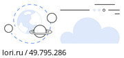 Planet with rings and orbits, cloud, lines and circles. Ideal for technology, cloud computing, data exchange, space-themed projects, education, network infrastructure, server systems. Line metaphor. Cloud computing concept with planetary orbits representing data transfer and connectivity. Стоковая иллюстрация, агентство Ingram Publishing / Фотобанк Лори
