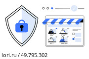 Shield with lock symbol next to e-commerce store interface featuring product images, search bar, and checkboxes. Ideal for cybersecurity, online shopping, data protection, e-commerce, web security. Secure Online Shopping with Shield, Lock, and E-commerce Store Interface Elements in Blue and White. Стоковая иллюстрация, агентство Ingram Publishing / Фотобанк Лори