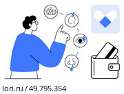 Person pointing at diagrams of symptoms including headache, tearful eye, and runny nose. Wallet with credit card indicates costs, financial aspect of healthcare. Ideal for medical, insurance, health. Person pointing at health-related icons illustrating symptoms and a wallet with a credit card. Стоковая иллюстрация, агентство Ingram Publishing / Фотобанк Лори