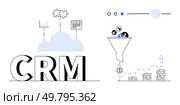 CRM text with cloud, puzzle piece, bar chart, and calendar icons. Funnel filtering data into dollar sign and stacks of coins. Ideal for customer relationship management, sales strategy, data. Visual Representation of CRM Concepts with Cloud Integration and Sales Funnel Optimization. Стоковая иллюстрация, агентство Ingram Publishing / Фотобанк Лори