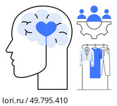 Human head with a heart in the brain, team members in a gear, and hanging clothes. Ideal for emotional intelligence, teamwork, mental health, human resources, personal development, fashion wellness. Brain and Emotional Intelligence, Team Collaboration, Wardrobe Selection Illustrating Personal and Professional Balance. Стоковая иллюстрация, агентство Ingram Publishing / Фотобанк Лори
