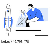 Man in blue shirt holding a shopping bag with a percentage discount symbol. Rocket launching on the left side. Ideal for e-commerce, sales, marketing, launching products, promotions, startup. Man Holding Shopping Bag with Discount Symbol and Rocket Launch Illustration. Стоковая иллюстрация, агентство Ingram Publishing / Фотобанк Лори