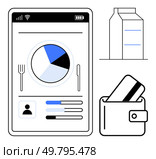Tablet screen displaying nutritional data with pie chart, health stats, milk carton, wallet with credit card. Ideal for diet management, health apps, finance tracking, shopping, budgeting. Digital Nutritional Tracking with Tablet Chart, Milk Carton, and Wallet for Health and Finance. Стоковая иллюстрация, агентство Ingram Publishing / Фотобанк Лори
