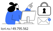 Woman at desk pointing toward computer screen, secured envelope with three notifications, padlock. Ideal for cybersecurity, digital communication, privacy, email security, online safety, data. Woman at desk working on computer with secured email notifications and large secure lock icon. Стоковая иллюстрация, агентство Ingram Publishing / Фотобанк Лори
