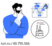 Thoughtful man with hand on chin, online shopping screen with cashback and discount offers, industrial factory icon. Ideal for decision-making, e-commerce, industry analysis, strategic planning. Thoughtful Man Considering Online Shopping and Industrial Manufacturing Choices. Стоковая иллюстрация, агентство Ingram Publishing / Фотобанк Лори
