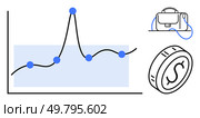 Graph showing fluctuating data points, a stylized coin, and a briefcase. Ideal for finance, investment, business analytics, economic trends, market research, financial planning, corporate strategy. Business Growth Chart with Coin, Briefcase, and Financial Analytics Elements in Blue and Black. Стоковая иллюстрация, агентство Ingram Publishing / Фотобанк Лори