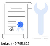 Certificate with ribbon beside a large wrench symbolizing service. Ideal for business certification, service contracts, technical support, maintenance guarantees, repair services, professional. Certificate with Ribbon Next to Large Wrench Illustration for Services and Certifications. Стоковая иллюстрация, агентство Ingram Publishing / Фотобанк Лори