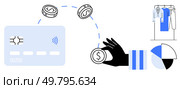 Hand tossing coins toward credit card, symbolizing electronic transactions. Clothing rack and pie chart suggest retail and financial analytics. Ideal for finance, shopping, digital payments, retail. Digital payment transaction concept with coins, credit card, clothing rack, and pie chart. Стоковая иллюстрация, агентство Ingram Publishing / Фотобанк Лори