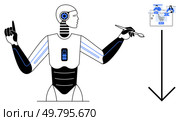 Futuristic robot interacts with digital shopping interface using a stylus, highlighting advancements in AI. Ideal for technology, AI, robotics, e-commerce, future retail, innovation automation. Line. Futuristic robot pointing at digital shopping screen with stylus, emphasizing technology in retail. Стоковая иллюстрация, агентство Ingram Publishing / Фотобанк Лори
