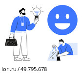 Businessman holding a lightbulb, large smiling face symbol, and man placing items in a shopping bag. Ideal for business ideas, creativity, online shopping, marketing, customer satisfaction. Businessman Holding Lightbulb, Large happy Face, and Man with Shopping Bags - Innovation and Commerce. Стоковая иллюстрация, агентство Ingram Publishing / Фотобанк Лори