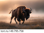 A majestic American bison, its brown fur glistening with dew, standing regally in the middle of a mysterious autumn forest, shrouded in a thick layer of fog, Стоковое AI-изображение, AI-художник Александр Поташев / Фотобанк Лори