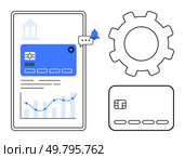 Mobile banking app interface displaying a credit card, notification, settings gear, and financial graph. Ideal for financial management, mobile banking, notifications, settings, data analytics. Mobile Banking App with Credit Card, Notification, Settings Gear, and Financial Graph. Стоковая иллюстрация, агентство Ingram Publishing / Фотобанк Лори