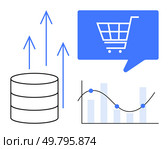 Database icon, upward arrows, shopping cart in speech bubble, and graph with bars and line. Ideal for e-commerce, data analytics, business growth, market trends, financial analysis, online shopping. Data-driven E-commerce Growth with Graph Analysis and Database Insights. Стоковая иллюстрация, агентство Ingram Publishing / Фотобанк Лори