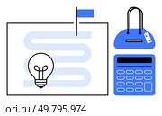 Light bulb on a path with a flag, purse, and calculator. Ideal for planning, budgeting, financial strategy, idea generation, goal setting project management innovation. Line metaphor. Business Planning and Budgeting Light Bulb, Calculated Path, Purse, and Calculator in Blue and Black Theme. Стоковая иллюстрация, агентство Ingram Publishing / Фотобанк Лори
