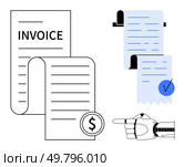 Two invoices, money symbol, robotic hand point. Ideal for business, finance, accounting, automation, technology. Modern vector style with blue, black and white colors. Digital Invoice Systems with Automation and Payment Confirmation. Стоковая иллюстрация, агентство Ingram Publishing / Фотобанк Лори