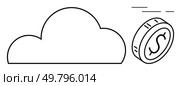 Cloud outline with a flying coin featuring a dollar sign symbol, representing cost-effectiveness, cloud computing, and fintech. Ideal for financial services, cloud solutions, technology integration. Cloud Computing and Financial Technology Concept with Cloud and Coin in Black and White. Стоковая иллюстрация, агентство Ingram Publishing / Фотобанк Лори