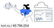 Person with rising energy symbol avoiding dairy products while looking at an increasing graph on a computer screen. Ideal for lactose intolerance, health, diet, energy boost, data analysis, digital. Person Avoiding Dairy Products with Rising Energy Symbol While Analyzing Data on Monitor. Стоковая иллюстрация, агентство Ingram Publishing / Фотобанк Лори