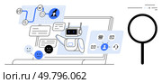 AI chatbot interacting with users online through various communication channels on a laptop screen, accompanied by emoticons and search icons. Ideal for customer service, technology, AI, digital. AI chatbot interacting with users online through various communication channels on a laptop screen. Стоковая иллюстрация, агентство Ingram Publishing / Фотобанк Лори