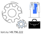 Mesh gears in motion, formal shirts and trousers on hangers, and a briefcase. Ideal for business attire, professionalism, work efficiency, project management, organizational skills, career growth. Gear Mechanisms with Wardrobe Formal Wear and Briefcase for Professional Efficiency and Preparedness. Стоковая иллюстрация, агентство Ingram Publishing / Фотобанк Лори