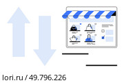Computer screen displaying an e-commerce website with handbags. Two large arrows indicate transaction flow. Ideal for retail, e-commerce, online shopping, web design, user interface, digital. Online shopping website interface displaying handbags with two arrows indicating transaction flow. Стоковая иллюстрация, агентство Ingram Publishing / Фотобанк Лори
