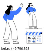 Two characters thoughtfully interacting with fashion products on a digital store page. Ideal for e-commerce, online shopping, digital marketing, fashion retail, customer experience, user interface. Online shopping concept with two thoughtfully posed characters and clothing store webpage. Стоковая иллюстрация, агентство Ingram Publishing / Фотобанк Лори