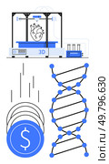 3D printer creating a heart, DNA double helix structure, falling coins representing financial investment. Ideal for biotechnology, medical research, healthcare innovation, genetic engineering, 3D. Advances in Biotechnology 3D Printing, DNA Sequencing and Financial Investment in Innovation. Стоковая иллюстрация, агентство Ingram Publishing / Фотобанк Лори