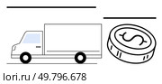 Cargo truck in motion accompanied by a dollar coin illustration. Ideal for logistics, transportation, financial services, ecommerce, delivery, trade, supply chain. Line metaphor. Cargo Truck and Dollar Coin Depicting Delivery Logistics and Financial Transactions. Стоковая иллюстрация, агентство Ingram Publishing / Фотобанк Лори