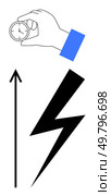 Hand holds clock arrow rises lightning bolt strikes. Ideal for productivity, efficiency, speed, progress, momentum, energy, and innovation. Line metaphor. Time and Power Embracing Speed, Progress, and Momentum in Modern Dynamics. Стоковая иллюстрация, агентство Ingram Publishing / Фотобанк Лори