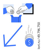 Coins marked with dollar and bitcoin signs being dropped into a box with a downward blue arrow and falling coins. Ideal for finance, investment, savings, currency exchanges, cryptocurrency, economy. Hand depositing coins into a box with arrow and coins falling representing currency and investment concepts. Стоковая иллюстрация, агентство Ingram Publishing / Фотобанк Лори