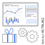 Business dashboard with line and bar charts, gift box, and gears symbolizing data analysis, rewards, and operational efficiency. Ideal for business, analytics, operations, productivity marketing. Business Dashboard with Charts, Gears, and Gift Box Representing Data and Operational Efficiency. Стоковая иллюстрация, агентство Ingram Publishing / Фотобанк Лори