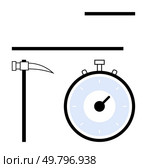 Pickaxe intersecting stopwatch with horizontal bars above and below. Ideal for mining, time management, work efficiency, productivity, labor, industry, and measurement. Line metaphor. Pickaxe and Stopwatch with Horizontal Bars - Symbolizing Time and Effort in Mining Operations. Стоковая иллюстрация, агентство Ingram Publishing / Фотобанк Лори