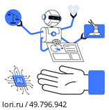 AI robot with multiple arms holds symbols of justice scales, medical heart, industrial robot, documents, and AI chip. Ideal for technology, AI, robotics legal tech healthcare industry 4.0. Multifaceted AI Robot Engaged in Legal, Medical, Industrial, and Technological Activities. Стоковая иллюстрация, агентство Ingram Publishing / Фотобанк Лори