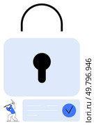 Large padlock and digital ID card with checkmark. Person trying to break lock. Ideal for cybersecurity, identity verification, online security, data protection, privacy policies, authentication, IT. Person attempting to crack a large padlock over a digital ID card with verification checkmark. Стоковая иллюстрация, агентство Ingram Publishing / Фотобанк Лори