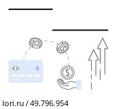 Credit card, hand receiving coins, and upward arrows representing financial growth and digital transactions. Ideal for banking, e-commerce, fintech, financial growth, online transactions, digital. Modern digital payment concept featuring credit card, hand exchanging money, and rising arrows. Стоковая иллюстрация, агентство Ingram Publishing / Фотобанк Лори