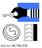 Hand holding key, stack of servers, and coin with dollar sign. Ideal for cybersecurity, data access, server management, finance security, digital currency technology startups. Line metaphor. Hand holding a key representing data access control, server security, and cryptocurrency management. Стоковая иллюстрация, агентство Ingram Publishing / Фотобанк Лори