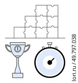 Hierarchical puzzle pieces trophy and stopwatch highlighting themes of success, competition, time management, teamwork, goal setting, organization, and accomplishment. Ideal for business, sports. Hierarchical Puzzle Pieces, Trophy, and Stopwatch Representing Achievement and Time Management. Стоковая иллюстрация, агентство Ingram Publishing / Фотобанк Лори