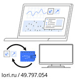 Laptop showing financial charts, electronic wallet with data transfer arrows, and a desktop monitor. Key themes digital finance, cryptocurrency, online transactions, data analysis, fintech, virtual. Laptop Displaying Financial Data with Electronic Wallet and Desktop Monitor for Cryptocurrency Transactions. Стоковая иллюстрация, агентство Ingram Publishing / Фотобанк Лори