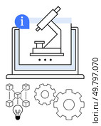 Microscope on laptop screen symbolizes scientific research. Gears represent innovation. Blockchain structure and light bulb indicate technological advancements. Ideal for science, technology. Research and Innovation Concept with Microscope, Laptop, Gears, and Blockchain Elements. Стоковая иллюстрация, агентство Ingram Publishing / Фотобанк Лори