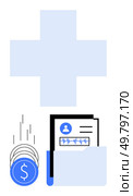 Blue cross and stacked dollar coins beside patient records folder. Ideal for healthcare costs, medical billing, insurance claims, financial planning, patient privacy, data management, healthcare. Medical Records and Healthcare Costs Concept with Blue Cross, Documents, and Dollar Icons. Стоковая иллюстрация, агентство Ingram Publishing / Фотобанк Лори