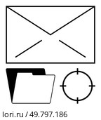 Envelope, file folder, and target icons symbolizing communication, document organization, and objectives. Ideal for email, file management, goal setting, productivity project planning office work. Envelope, File Folder, and Target Icons Representing Email, Documents, and Goals. Стоковая иллюстрация, агентство Ingram Publishing / Фотобанк Лори
