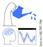 Hand pouring water from a watering can onto a fluctuating stock market graph, abstract head with tangled lines. Ideal for finance, mental health, growth, investment, complexity, innovation, strategy. Hand Watering Stock Market Graph, Abstract Head with Tangled Lines Symbolizing Growth and Complexity. Стоковая иллюстрация, агентство Ingram Publishing / Фотобанк Лори