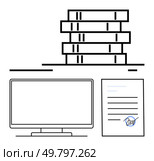 Stacked files, computer monitor, and signed document emphasize a digital workspace. Ideal for office organization, document management, work from home, digital signatures, business tools, workflow. Digital Workspace Management with Stacked Files, Computer Monitor, and Signed Document. Стоковая иллюстрация, агентство Ingram Publishing / Фотобанк Лори