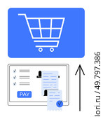 Shopping cart icon above a payment confirmation screen displaying a receipt and Pay button. Ideal for e-commerce, online shopping, checkout process, digital transactions, payment gateways, customer. Online Shopping and Checkout Process Highlighting Payment Confirmation and Receipt Generation. Стоковая иллюстрация, агентство Ingram Publishing / Фотобанк Лори