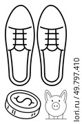 Pair of minimalist shoes, a piggy bank, and a coin with dollar sign link spending habits with saving and budgeting. Ideal for financial planning, frugality, investments, economic education, lifestyle. Minimalist Shoes with Piggy Bank and Coin Symbolizing Financial Management and Budgeting. Стоковая иллюстрация, агентство Ingram Publishing / Фотобанк Лори