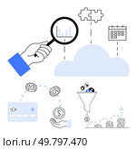 Magnifying glass focusing on cloud data, calendar, puzzle pieces, financial icons, funnel process. Ideal for data analysis, cloud computing, financial management, project planning integration. Cloud Computing Analysis Magnifying Financial Data, Funnel Process, Calendar Planning, Puzzle Integration. Стоковая иллюстрация, агентство Ingram Publishing / Фотобанк Лори