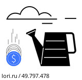 Watering can pouring coins symbolizing investment and financial growth under a cloud. Ideal for finance, investment, savings, growth, strategy, wealth management, economic planning. Line metaphor. Watering Can Nurturing Financial Growth Symbolized by Coins Falling, Under a Cloud. Стоковая иллюстрация, агентство Ingram Publishing / Фотобанк Лори