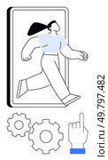 Person walking out of a smartphone frame with gears below and a pointing finger. Ideal for concepts related to innovation, technology, progress, development, growth, teamwork, and adaptation. Line. Person Walking Out from Smartphone, Gears and Pointing Finger Representing Progress and Development. Стоковая иллюстрация, агентство Ingram Publishing / Фотобанк Лори